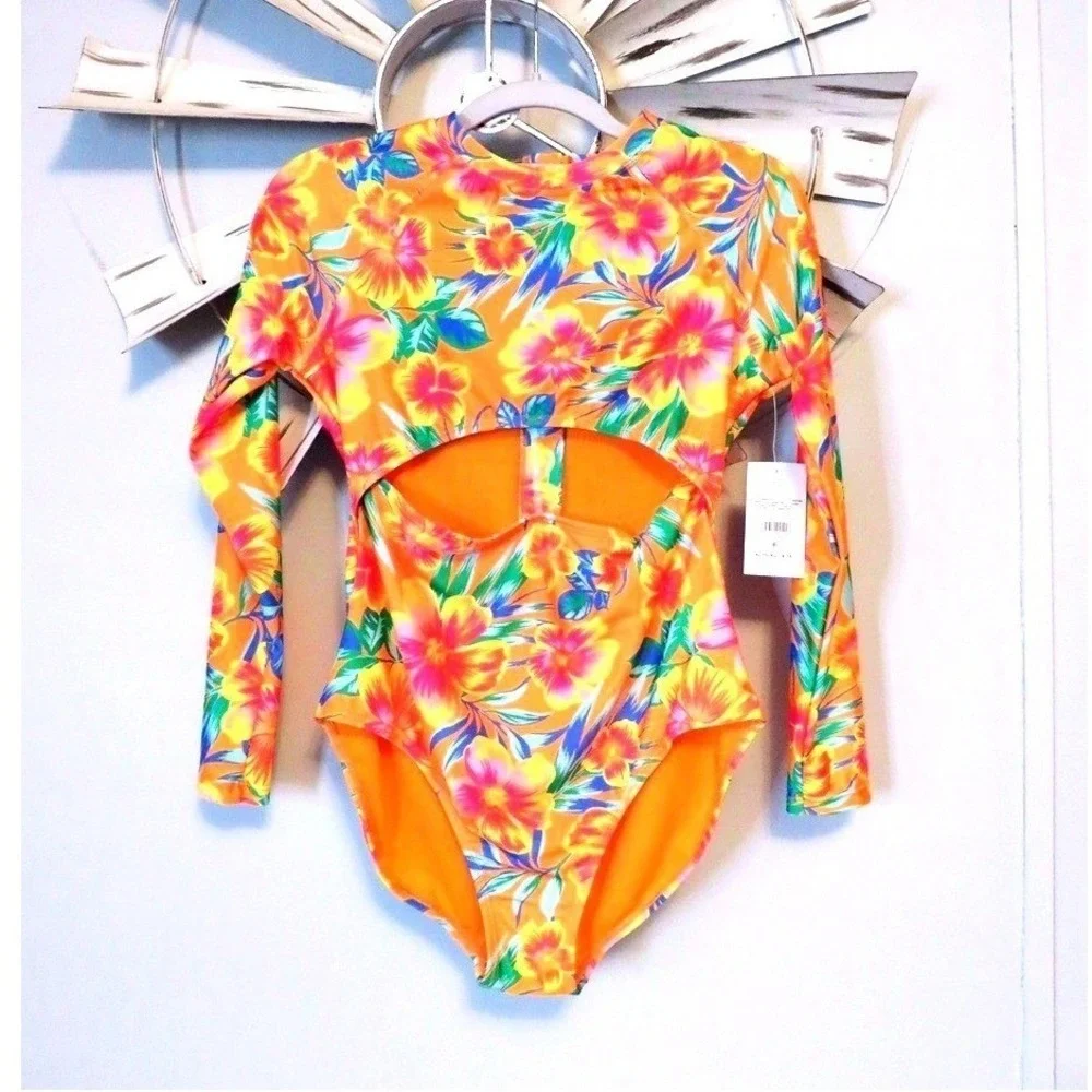 New Ocean Gear Once Piece Cut Out Rash Guard Swimsuit XL 14/16 Vibrant Colors